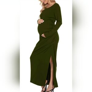 NWT Smallshow Elegant Maternity Maxi Dress With Leg Slit in Olive Green Size XL